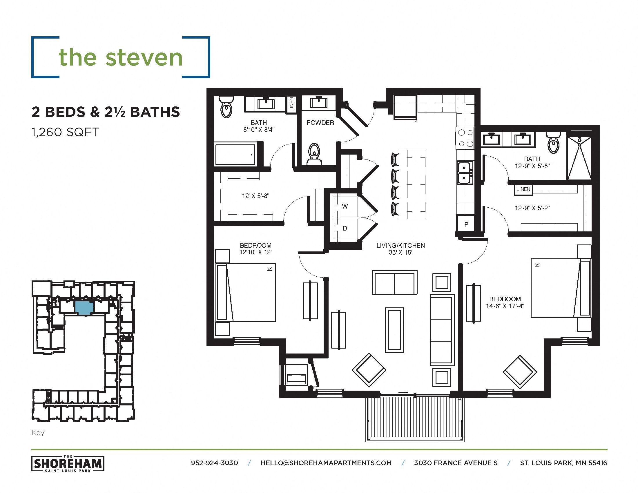 Floor plan for 2 beds, 2.5 baths, 1260 sqft